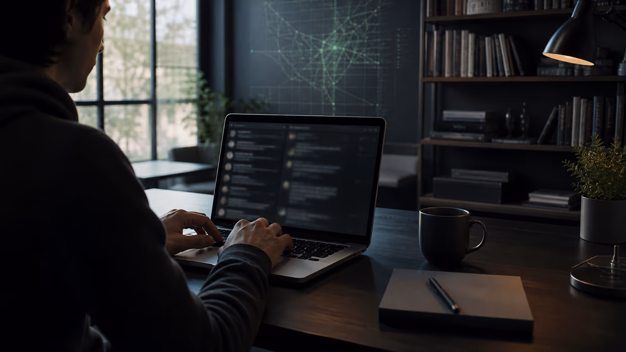 person navigating Telegram darknet channels in office