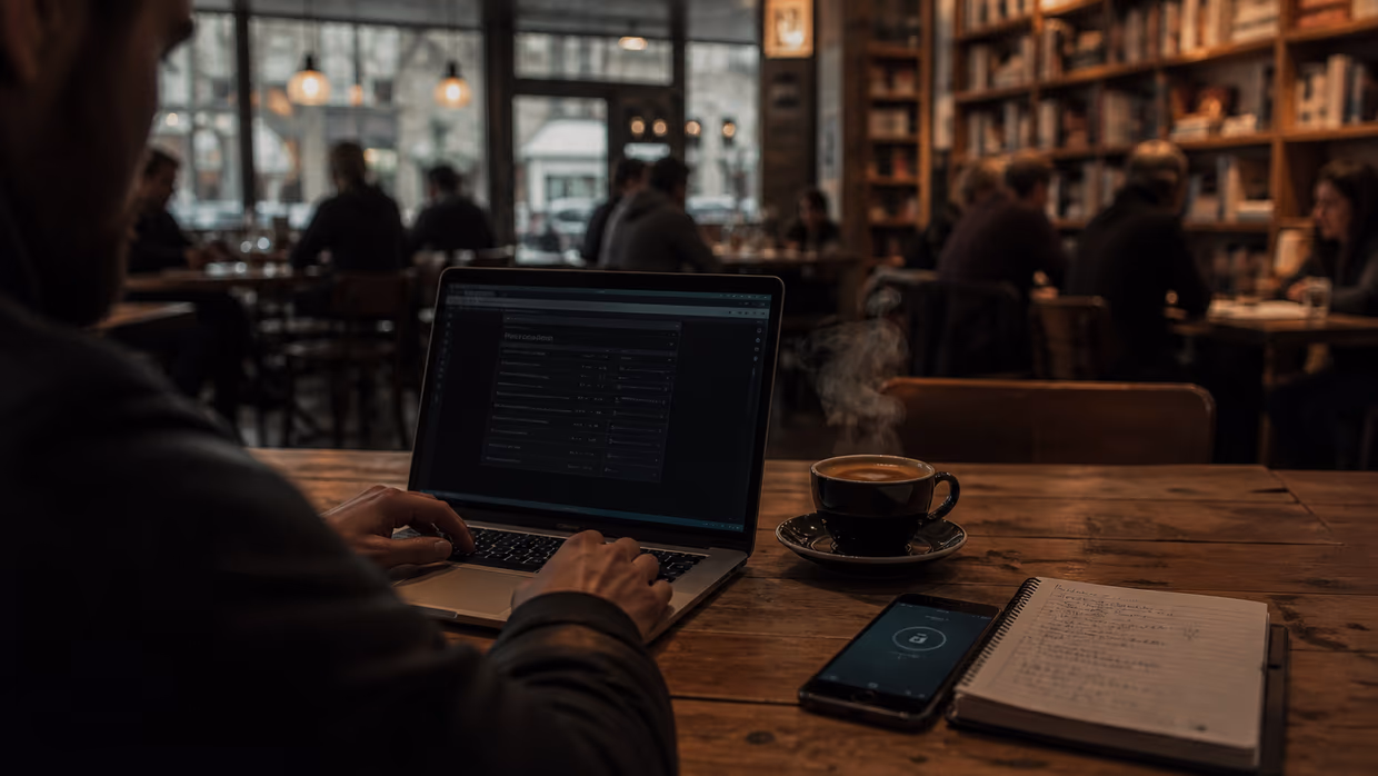 individual using laptop in café with notes