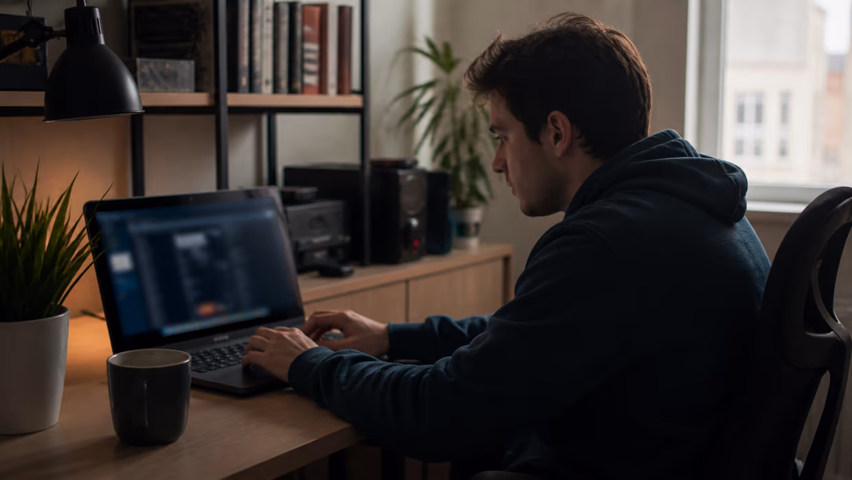 individual in a home office accessing dark net URLs