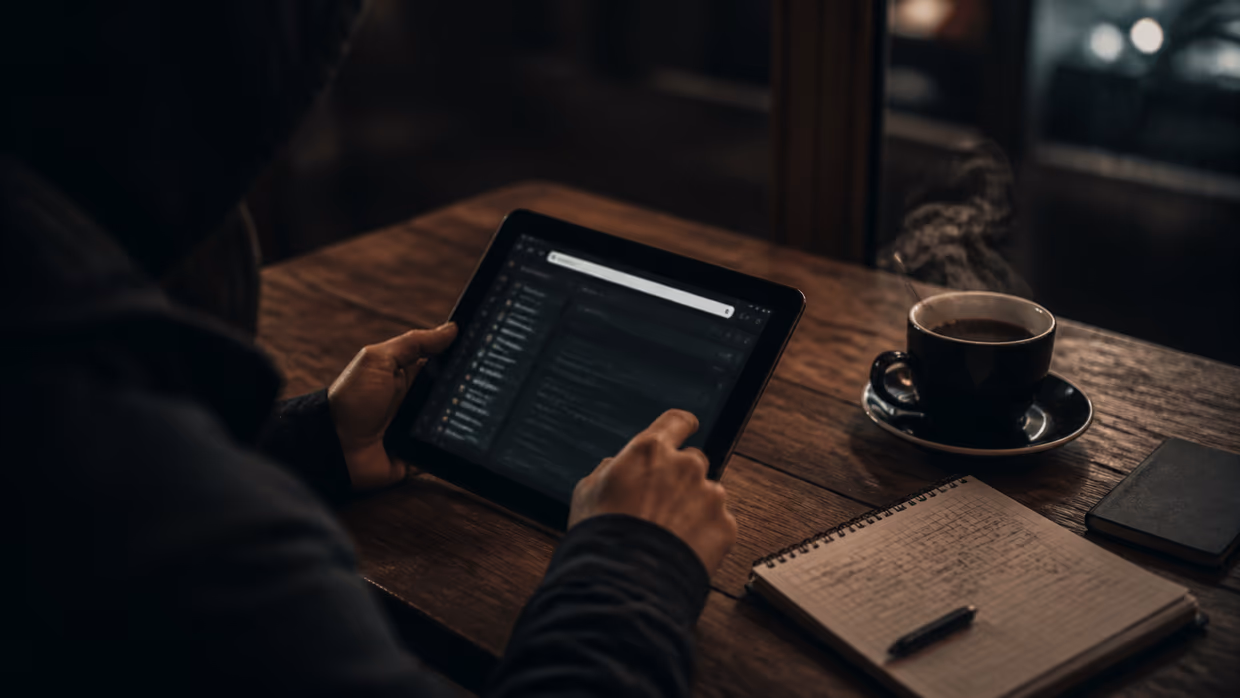 person studying dark web resources in a cafe